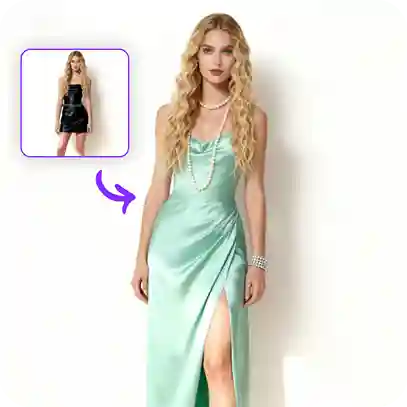 Kledingruilfoto van een vrouw met blonde wollen krullen in een mintgroene jurk, met een vergelijkingssticker die de eerder geruilde look laat zien, gebruikt als materiaal in een kledingruil-tutorial.