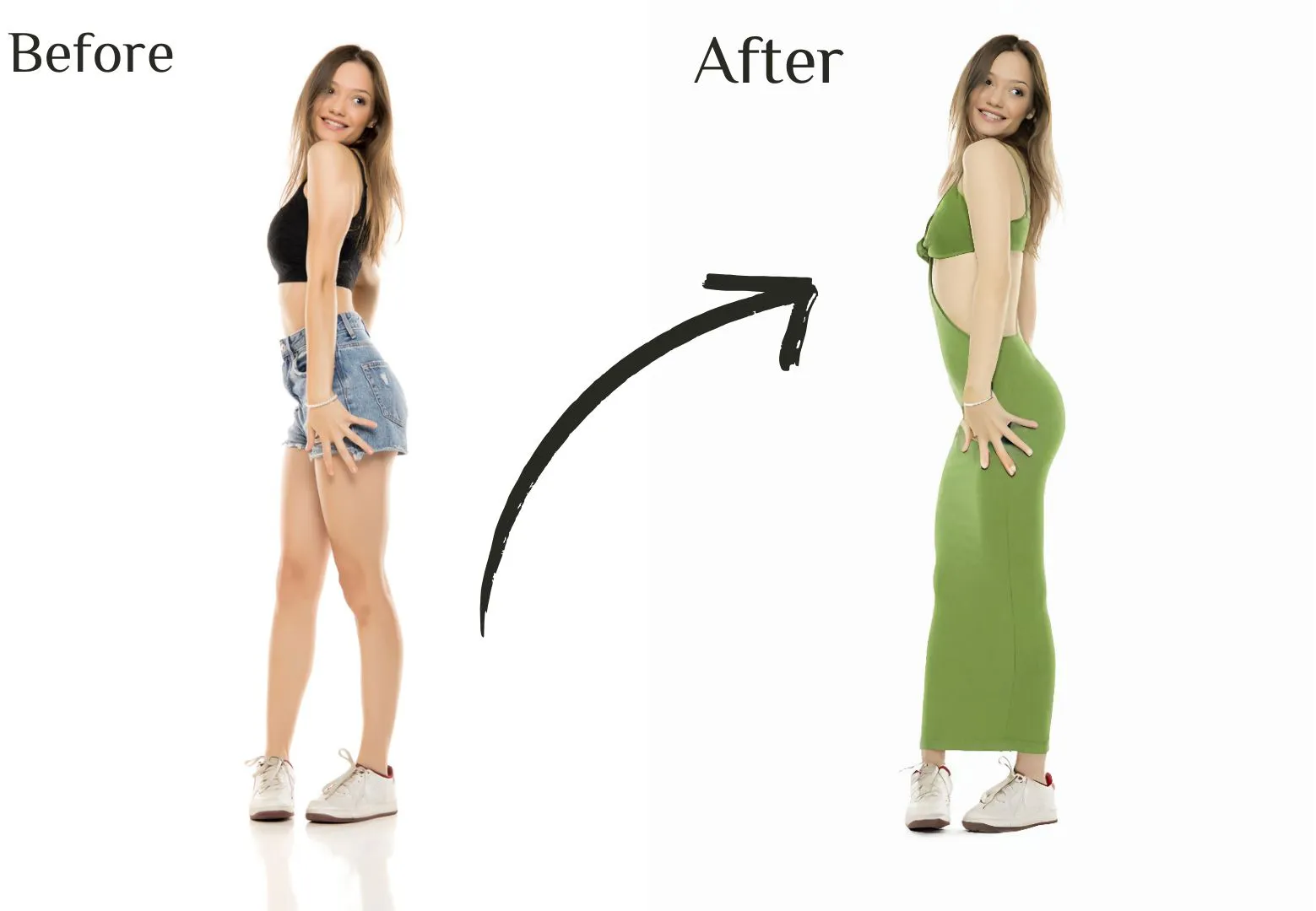 This AI clothes changer can even recognize side-profile photos and swap clothes accordingly. In the image, the girl is standing sideways, and the green knitted dress fits her perfectly after the clothing swap online.