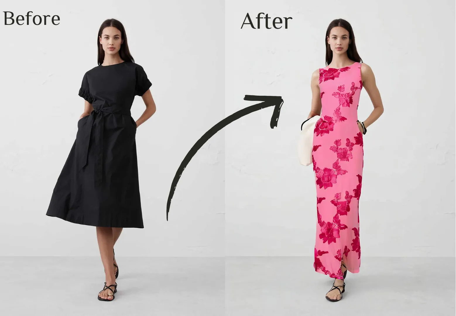 This is an e-commerce model’s before-and-after clothing swap. Her outfit changed into a pink floral dress.