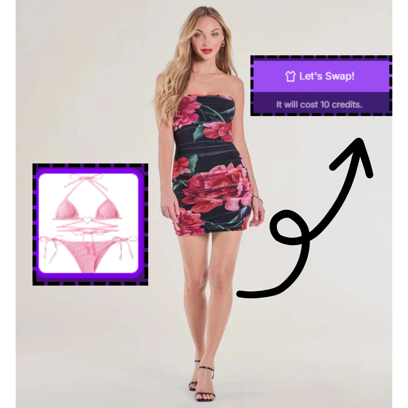 After uploading the photo, click the change clothes button to swap the black floral dress on the female model with a pink bikini set.