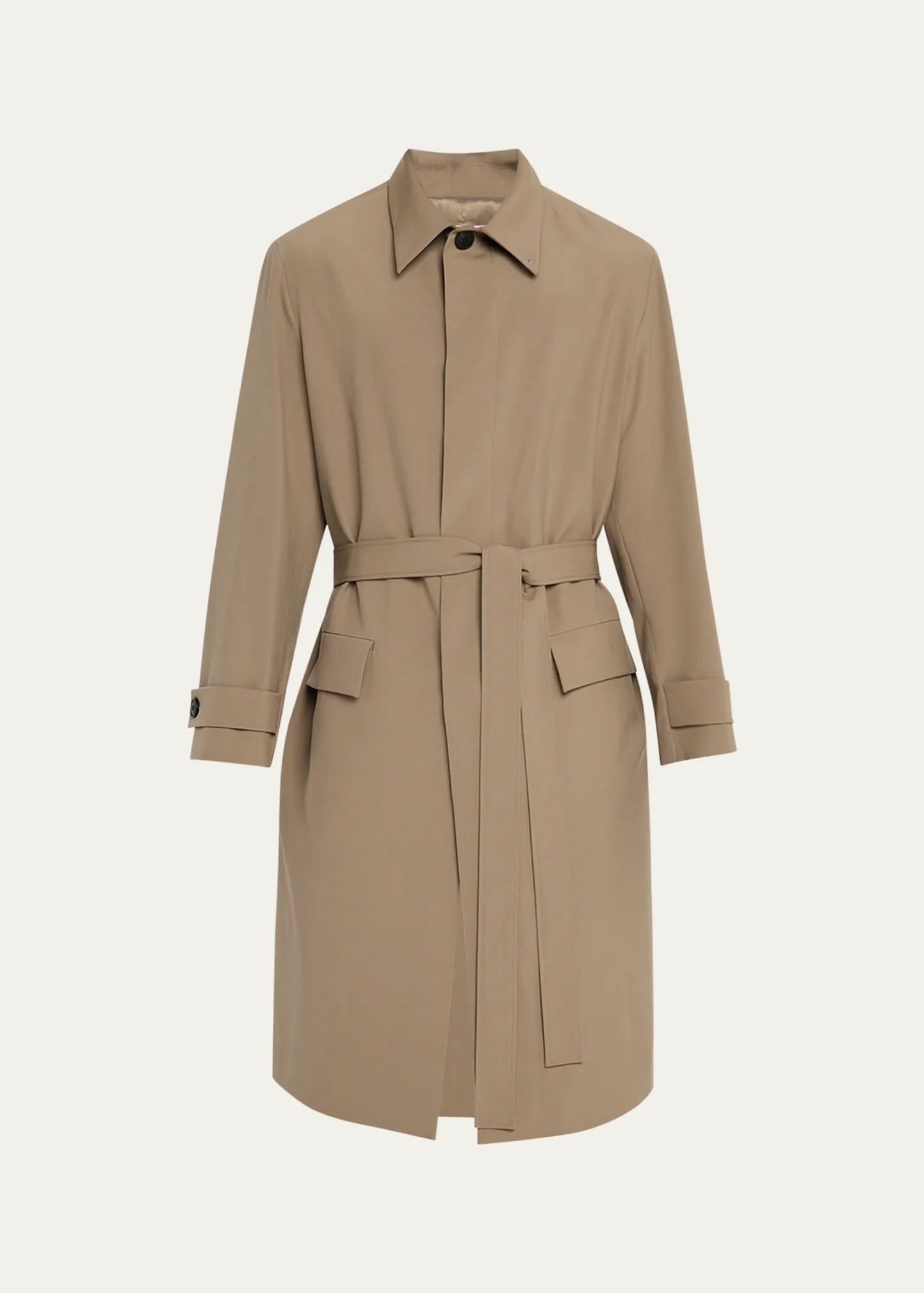 This men's classic brown trench coat is an example of clothes swap, ideal for quick clothes changes using AI.