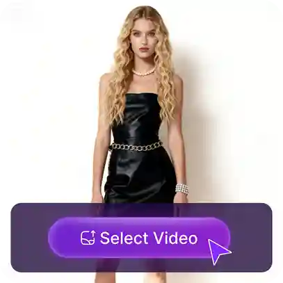 Modelfoto van een vrouw met blonde wollen krullen in een zwarte jurk, met een sticker met de 'select video'-knop, gebruikt als materiaal in de tutorial voor het ruilen van kleding.