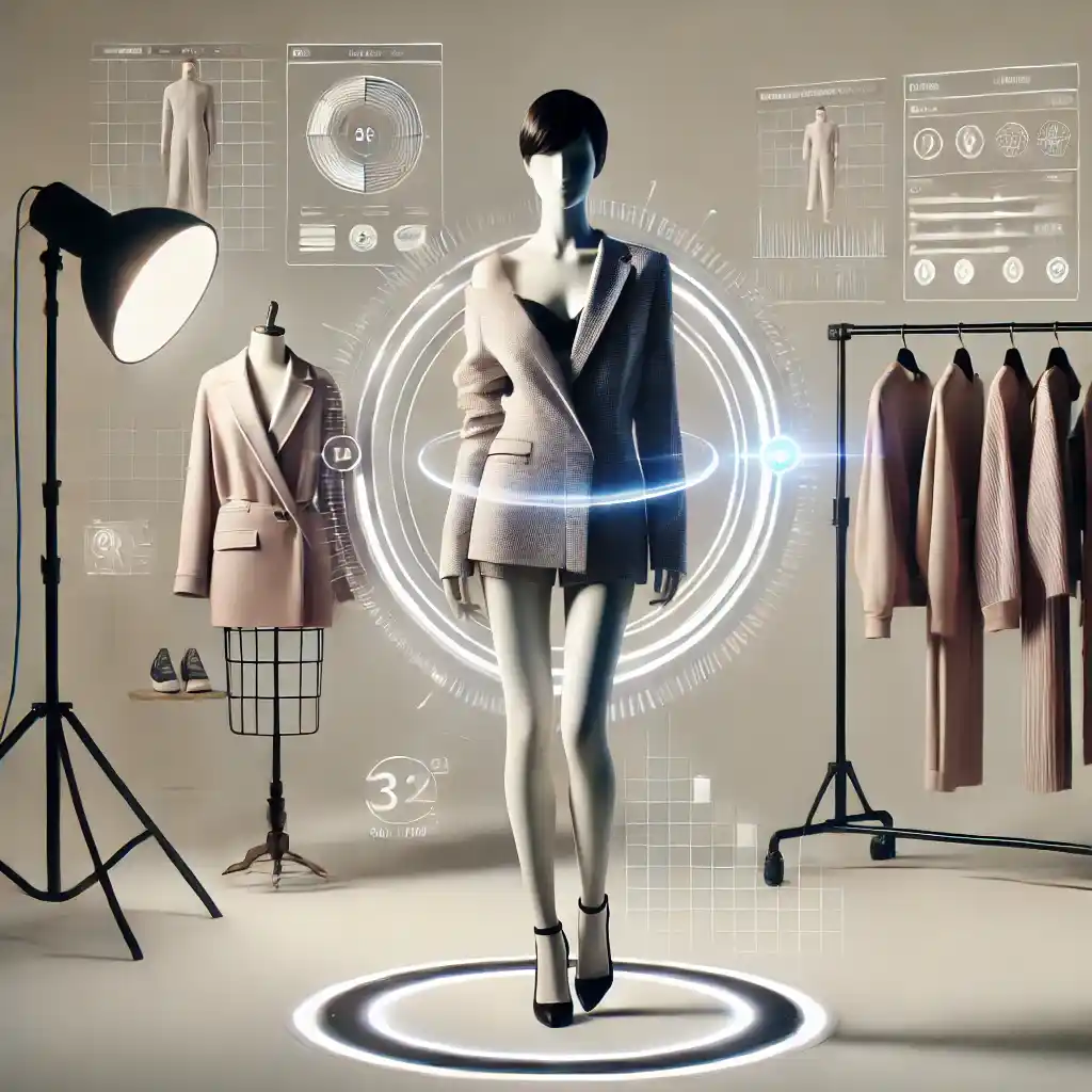 The model is wearing a fashionable outfit and the AI is changing her clothes, demonstrating seamless clothing exchange in e-commerce.