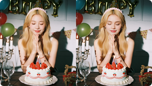 Comparison between a blonde girl making a wish with a birthday cake in front of her and the face-swapped version.