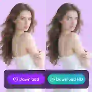 Comparison between the original woman in a white dress, and the face-swapped woman in a white dress, with a purple 'download' button and a green 'download HD' button, used as a material in video face swap tutorial.