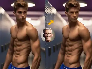 Replace the old man's face with the face of this handsome boy with muscles.