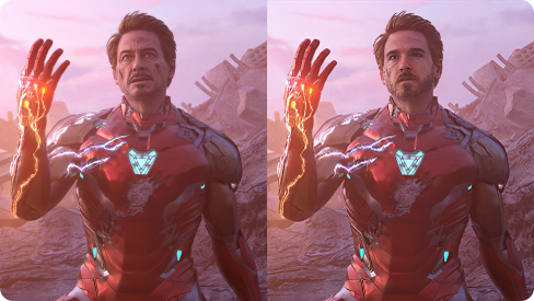 Comparison between Iron man raising one hand to show the glove with six diamonds and the face-swapped version.