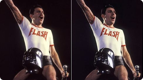 Comparison between a male singer performing on stage, wearing a ‘Flash’ T-shirt with one hand raised, and the face-swapped version.