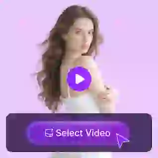 A woman with long wavy hair in a white dress, with a purple play button overlay and a 'select video' button, used as a material in video face swap tutorial.