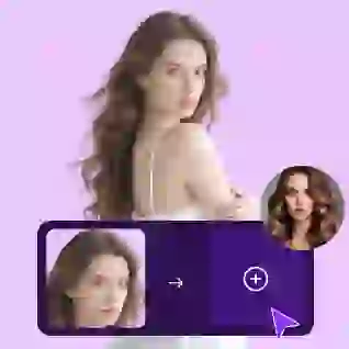 A woman with long wavy hair in a white dress, with a sticker showing face swap process, used as a material in video face swap tutorial.