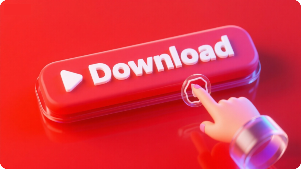 紅色背景上的紅色 3D 下載按鈕,旁邊有一個指向它的 3D 手形圖示。