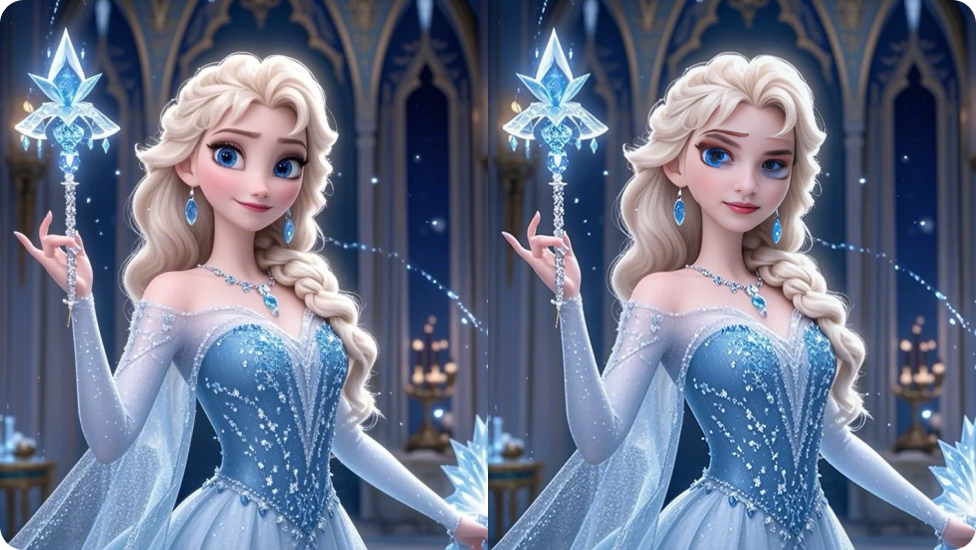 原版艾莎手持發光藍色魔法棒與換臉後的艾莎對比。