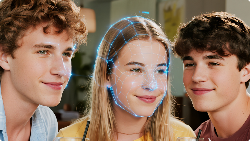 兩男一女的合影,女孩臉上亮著藍色霓虹燈,用來示範臉部辨識技術。