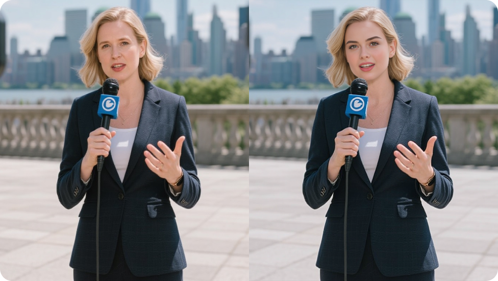 對比戶外採訪的金髮女採訪者和換臉後的版本。