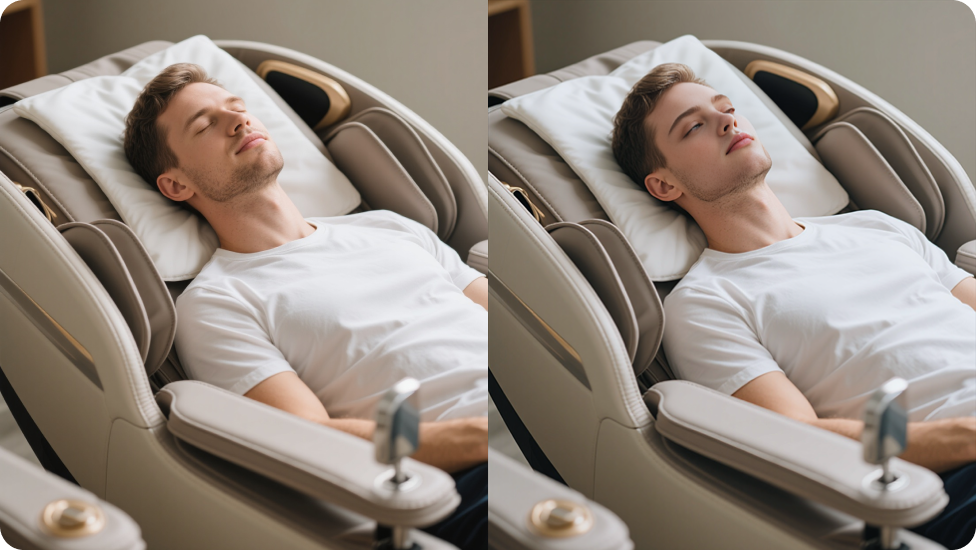 按摩椅上躺著的男子與換臉後的男子對比。