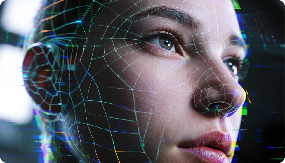 一張線框風格的人臉,代表臉部辨識技術。